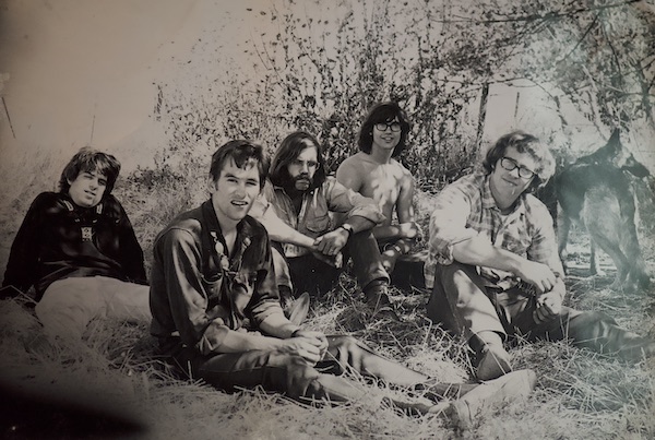 The Sons of Champlin sitting together outdoors in Marin in fall 1967